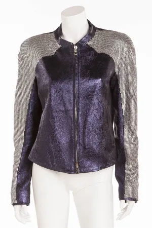 Balmain - Unique New with Tags Navy Blue Pearlescent Leather Jacket w/Rhinestone Arms - FR 40