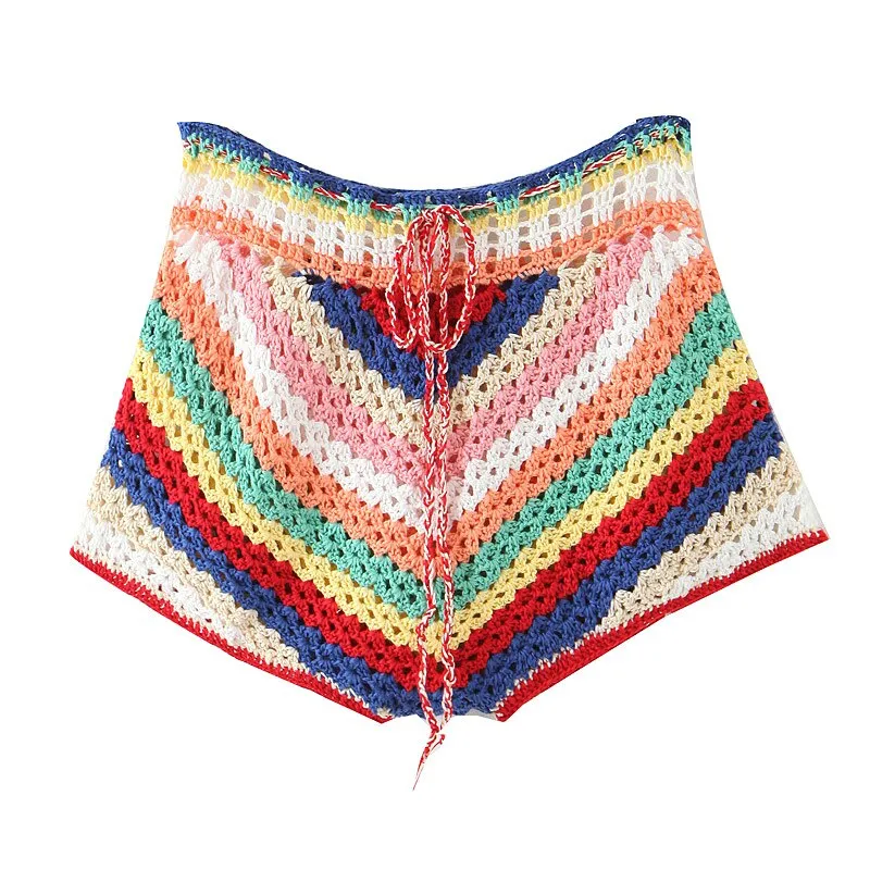 Beach Party Lacing up Colored Striped Hand Crochet Cardigan Sweater Women Bandage Mini Short Shorts Half Sleeve Tops 2 Pieces Set