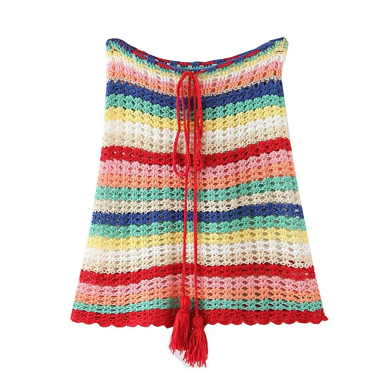 Beach Party Lacing up Colored Striped Hand Crochet Cardigan Sweater Women Bandage Mini Short Shorts Half Sleeve Tops 2 Pieces Set