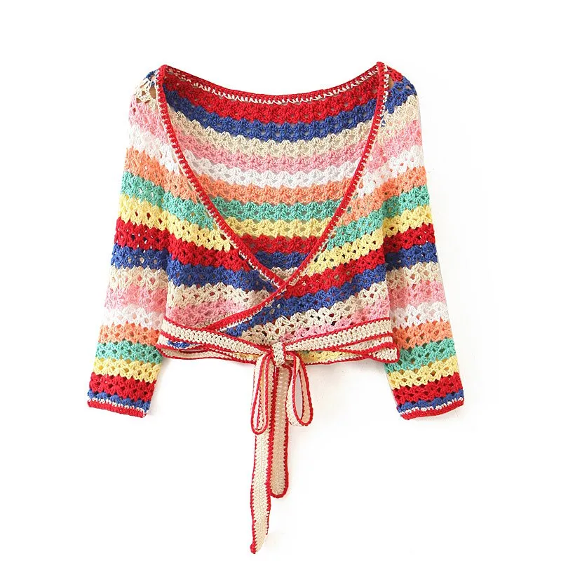 Beach Party Lacing up Colored Striped Hand Crochet Cardigan Sweater Women Bandage Mini Short Shorts Half Sleeve Tops 2 Pieces Set