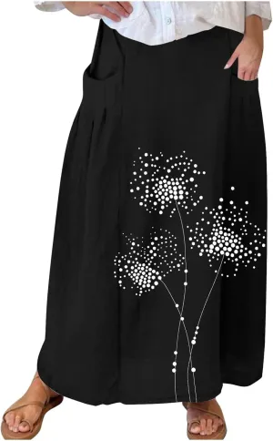 Beach Skirts for Women Fashion Floral Graphic Printed Stretchy Waisted Pleated Skirt Oversized Boho Vacation Skirt