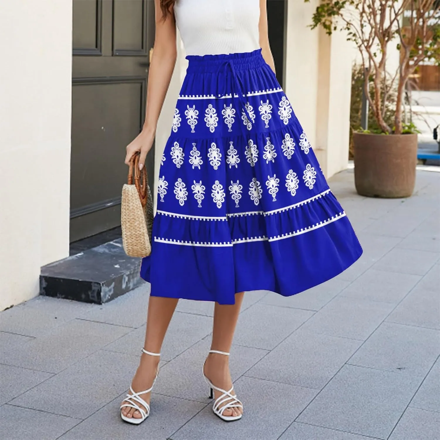 Beach Vacation Clothes for Women Loose Casual Trendy Vintage Printed Elastic Waist Maxi Boho Skirts, S-XL