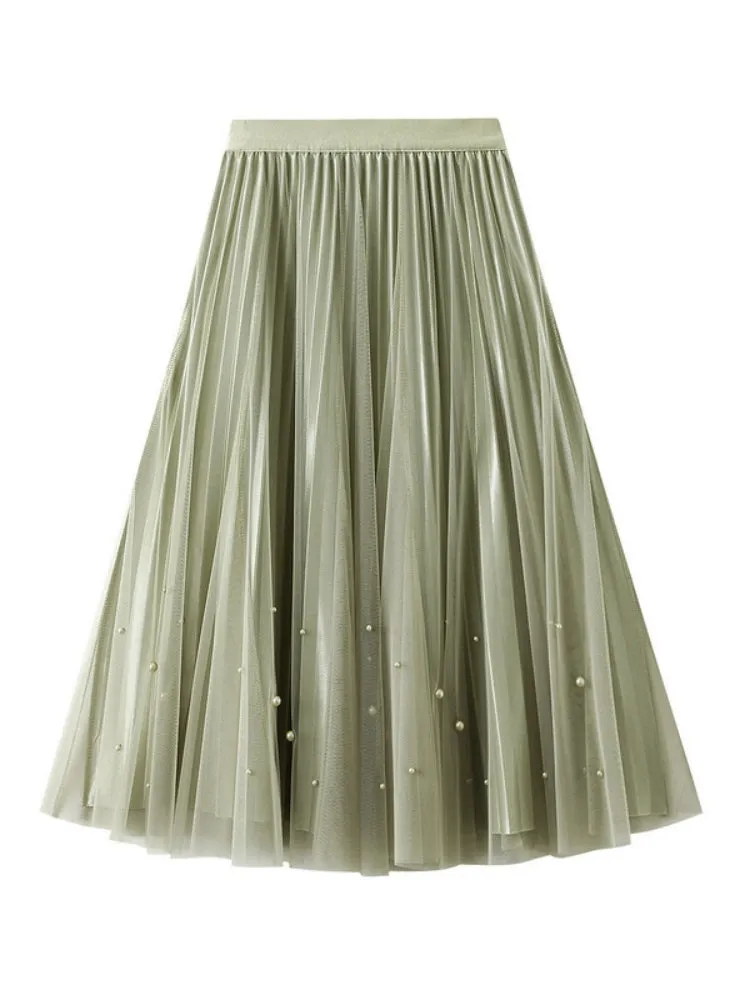 Beaded Pleated Skirt High Waist Gauze Skirt