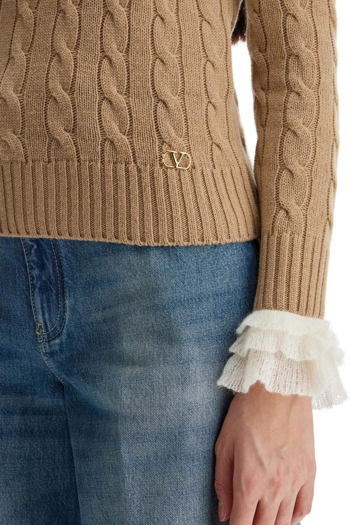 beige and ivory cable knit crew neck sweater 6B3KC62C971 BEIGE/AVORIO