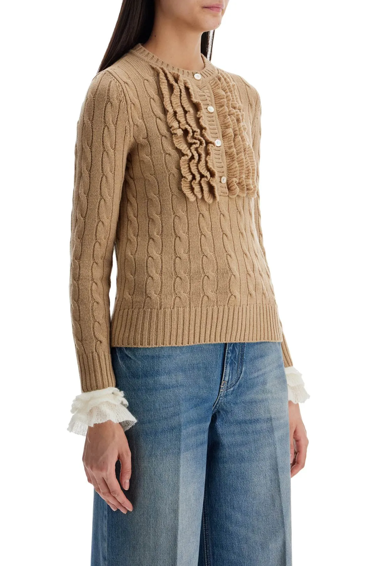 beige and ivory cable knit crew neck sweater 6B3KC62C971 BEIGE/AVORIO
