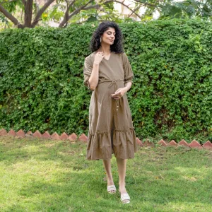 Beige Cotton Flax A-Line Knee Length Pre and Post Maternity Tier Dress
