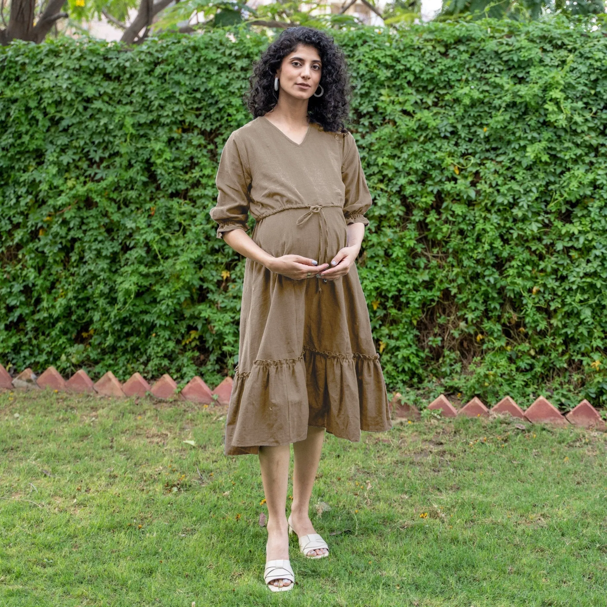 Beige Cotton Flax A-Line Knee Length Pre and Post Maternity Tier Dress