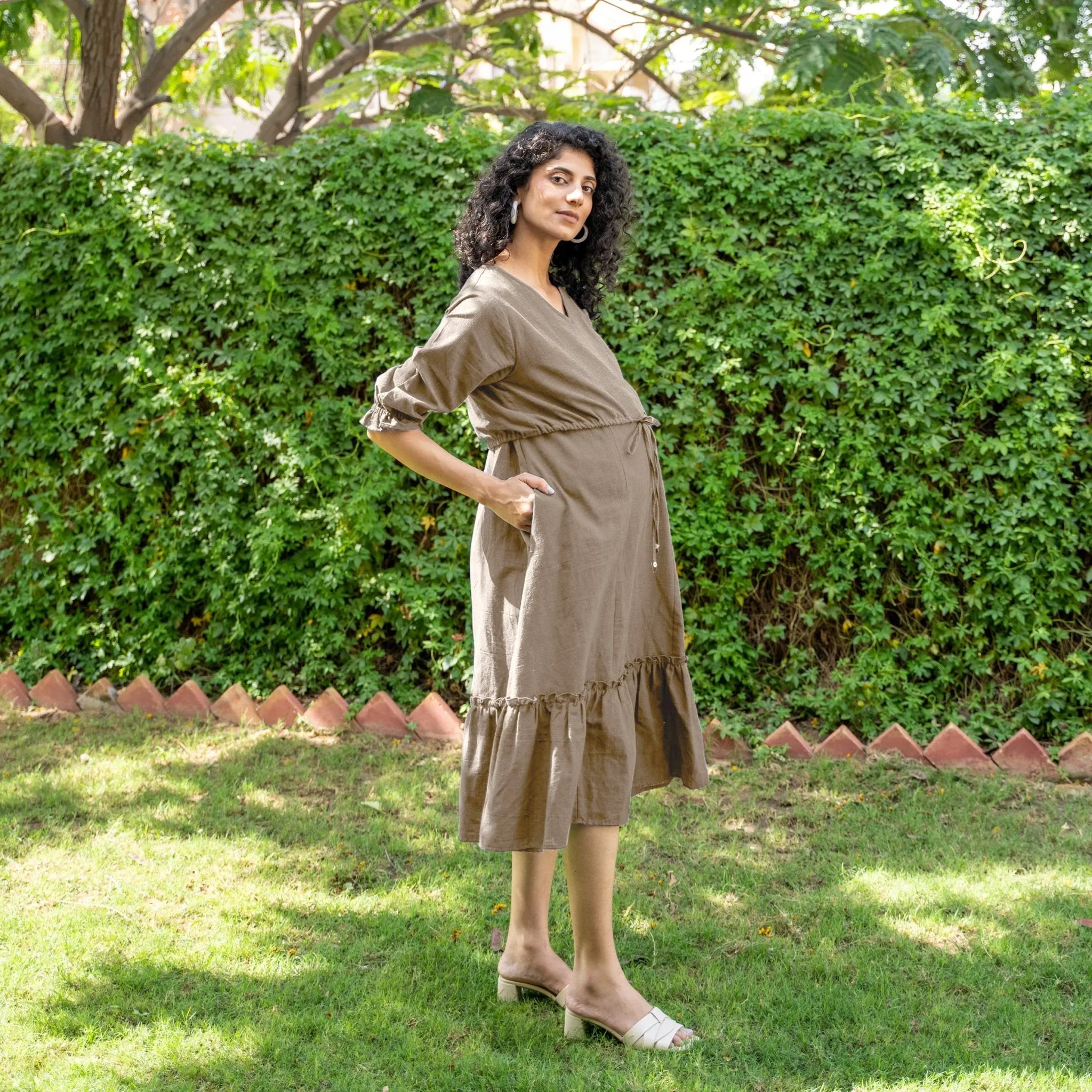 Beige Cotton Flax A-Line Knee Length Pre and Post Maternity Tier Dress