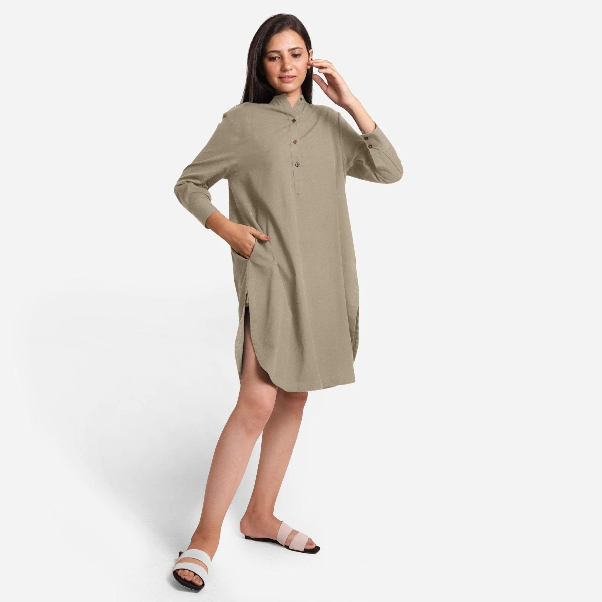 Beige Cotton Flax Knee Length Shirt Dress