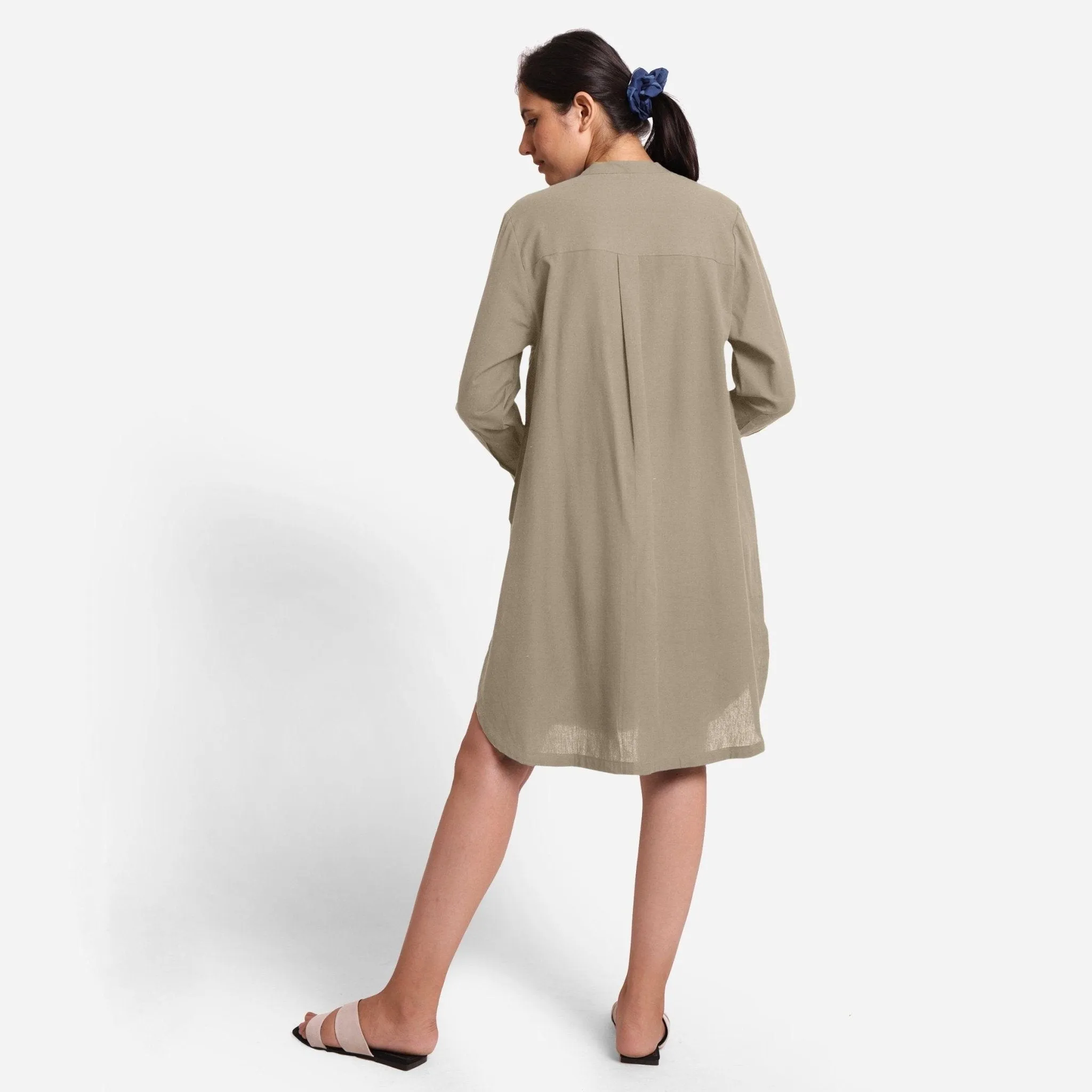 Beige Cotton Flax Knee Length Shirt Dress