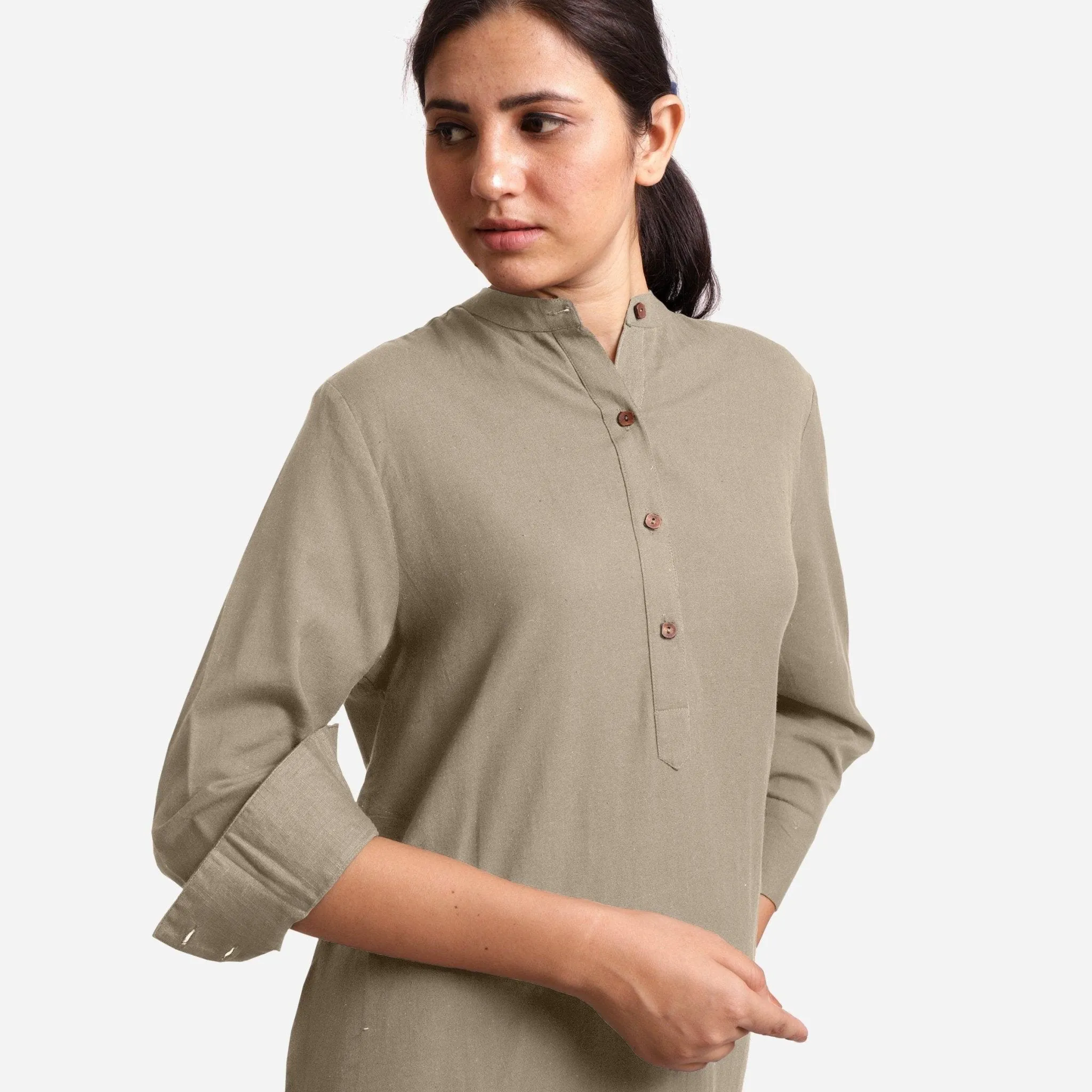 Beige Cotton Flax Knee Length Shirt Dress