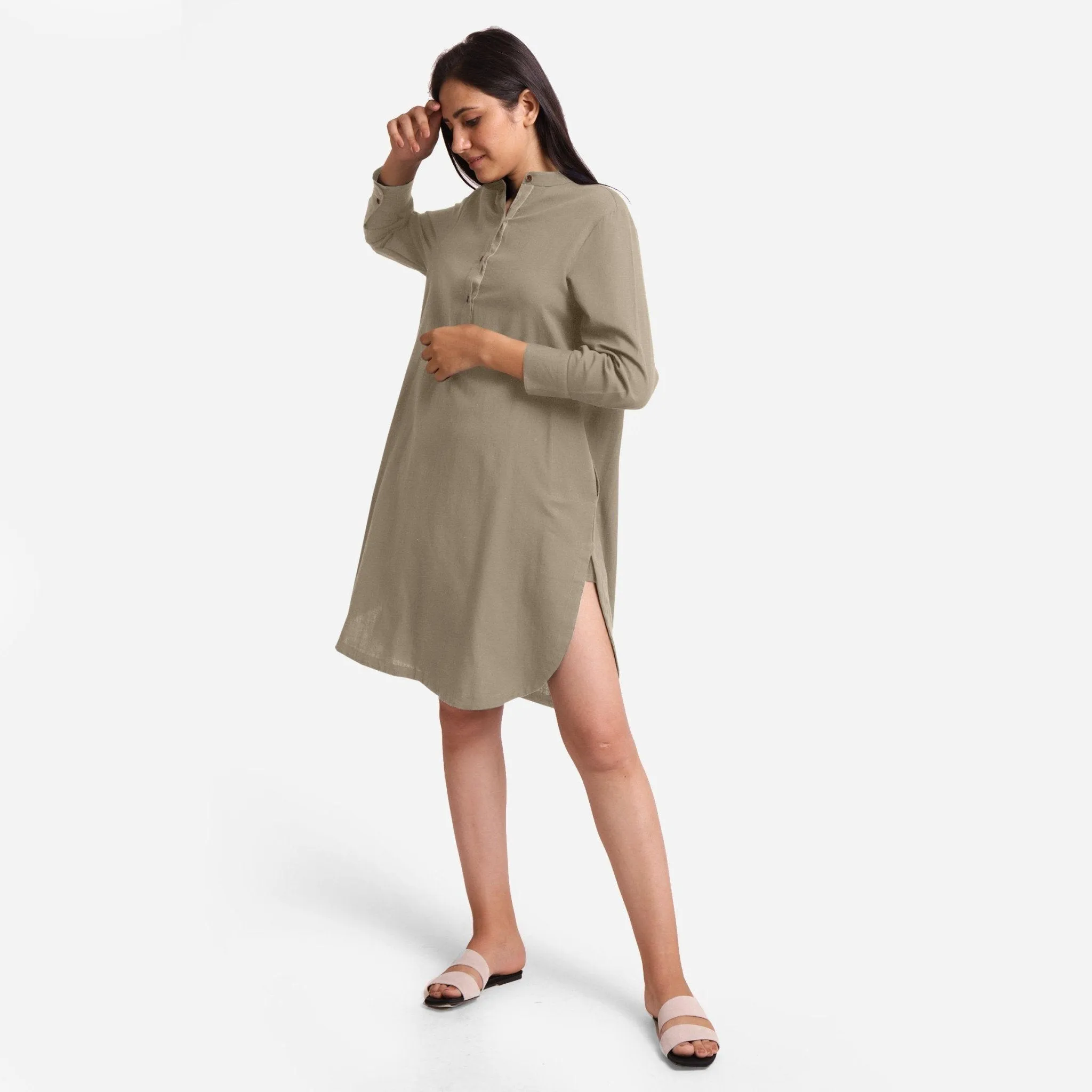 Beige Cotton Flax Knee Length Shirt Dress