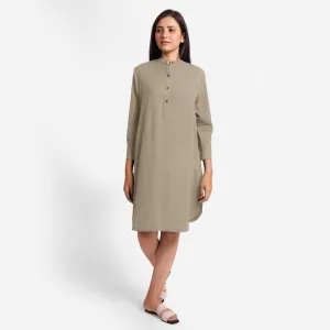 Beige Cotton Flax Knee Length Shirt Dress
