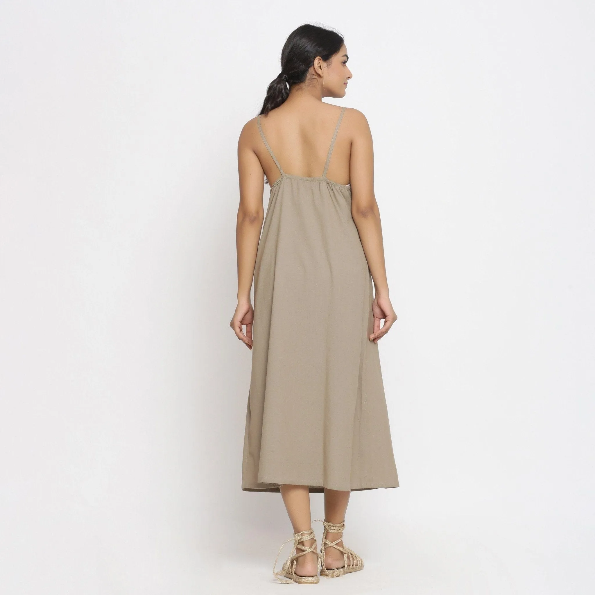 Beige Cotton Flax Strappy A-Line Midi Dress