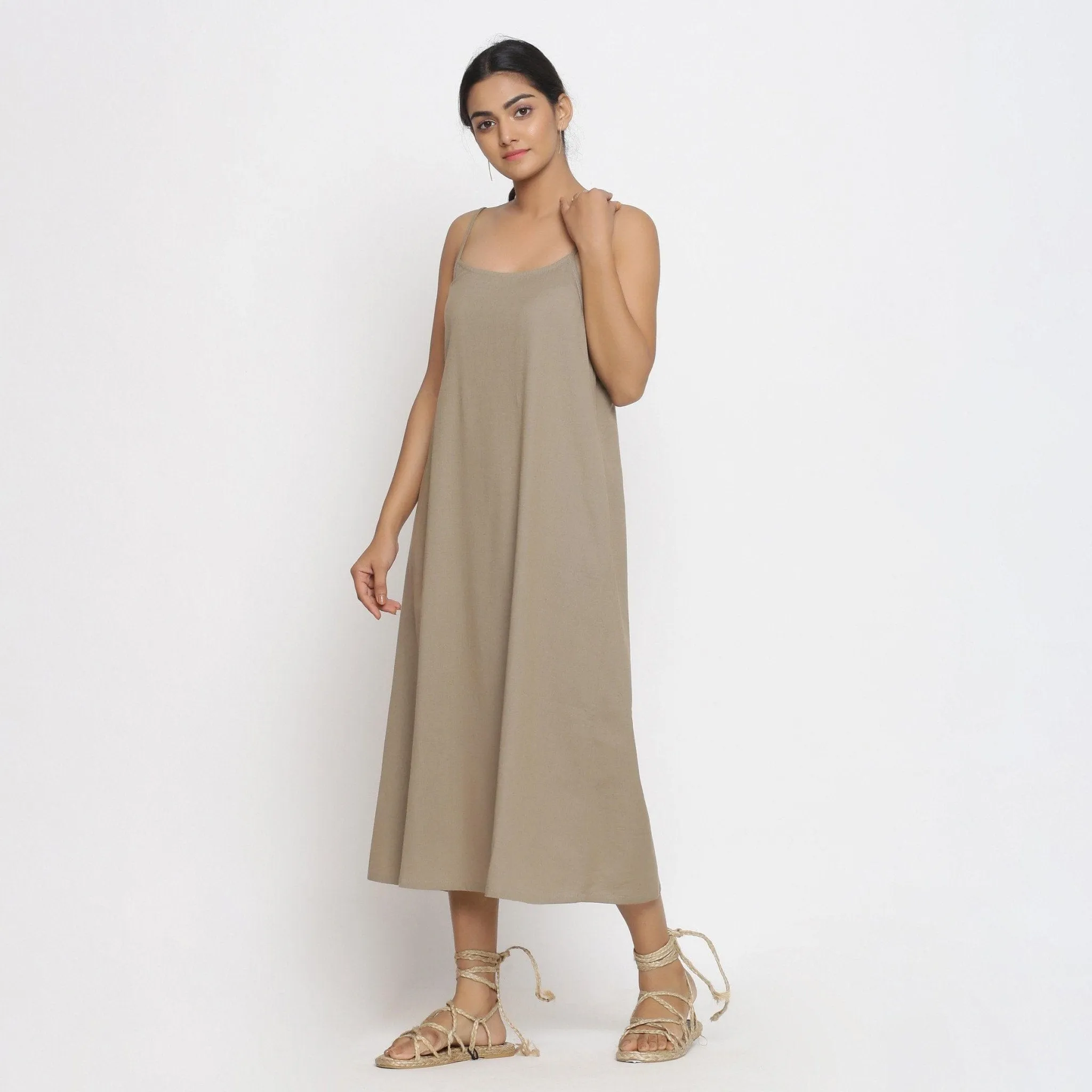 Beige Cotton Flax Strappy A-Line Midi Dress