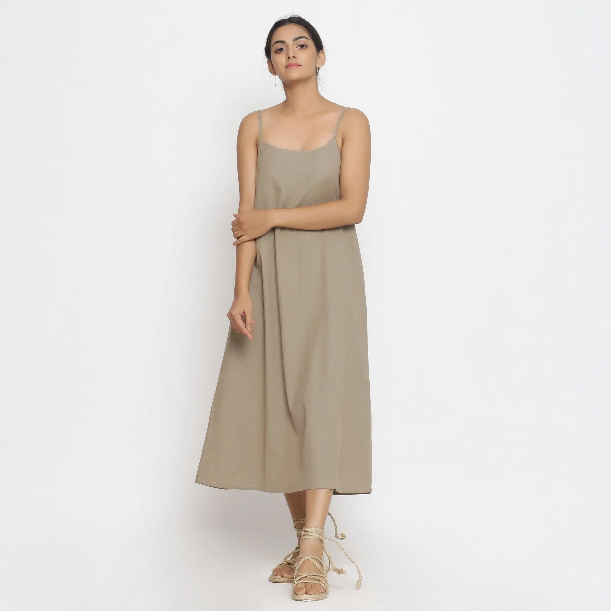 Beige Cotton Flax Strappy A-Line Midi Dress