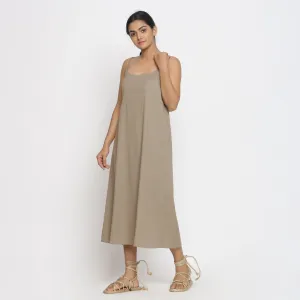 Beige Cotton Flax Strappy A-Line Midi Dress