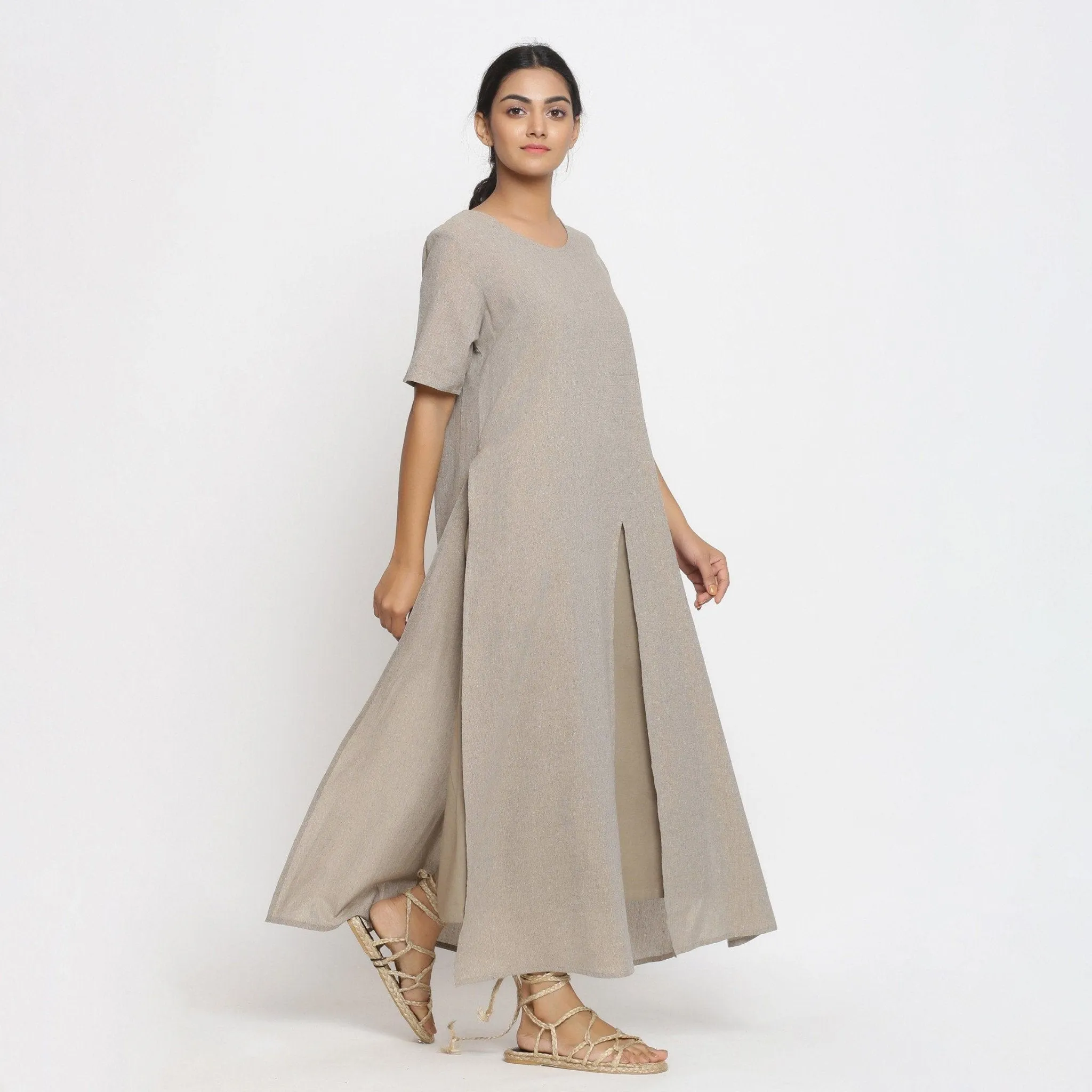 Beige Cotton Flax Strappy A-Line Midi Dress