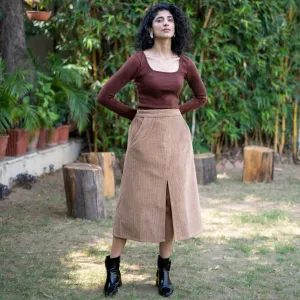 Beige Warm Cotton Corduroy High-Rise Midi Slit Skirt