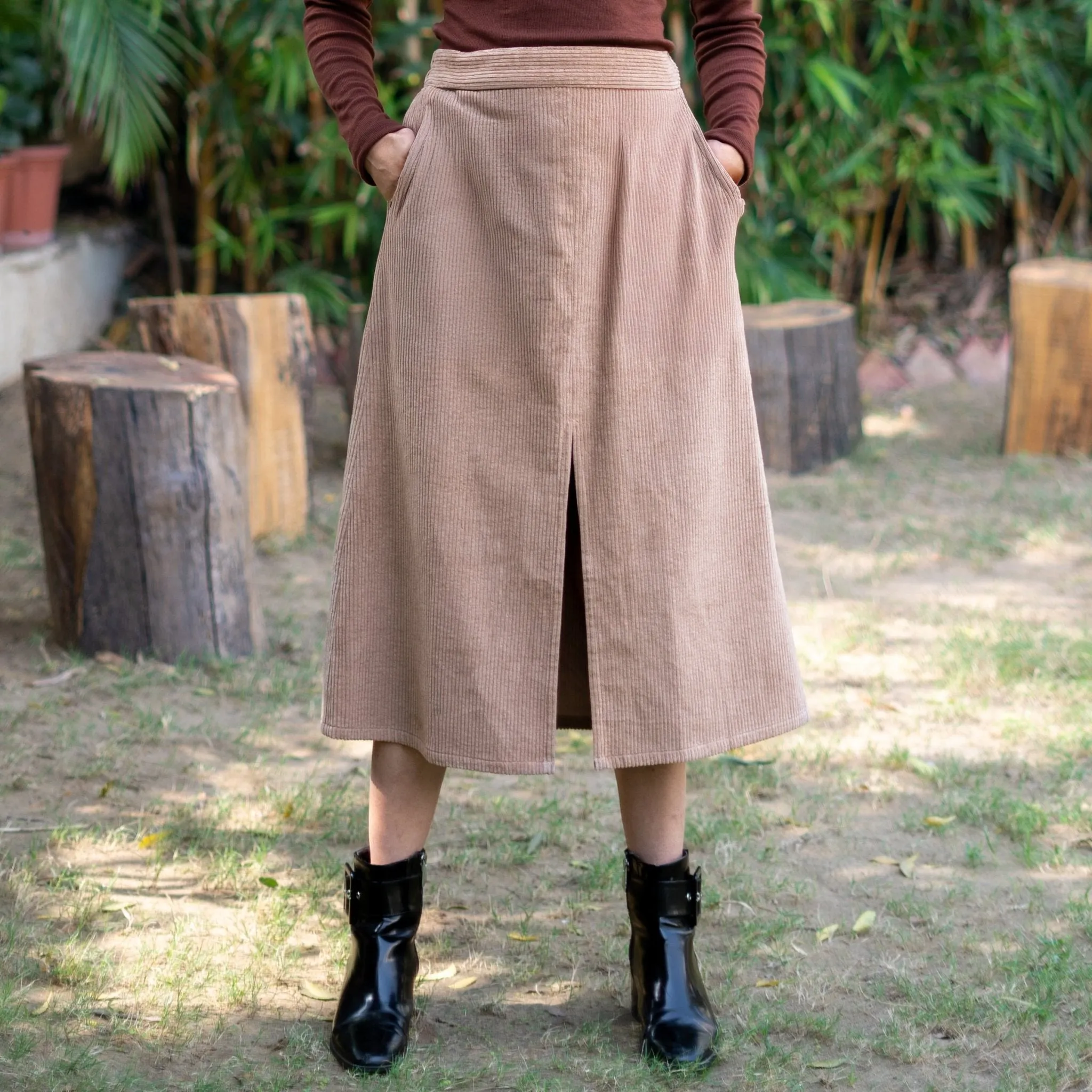 Beige Warm Cotton Corduroy High-Rise Midi Slit Skirt