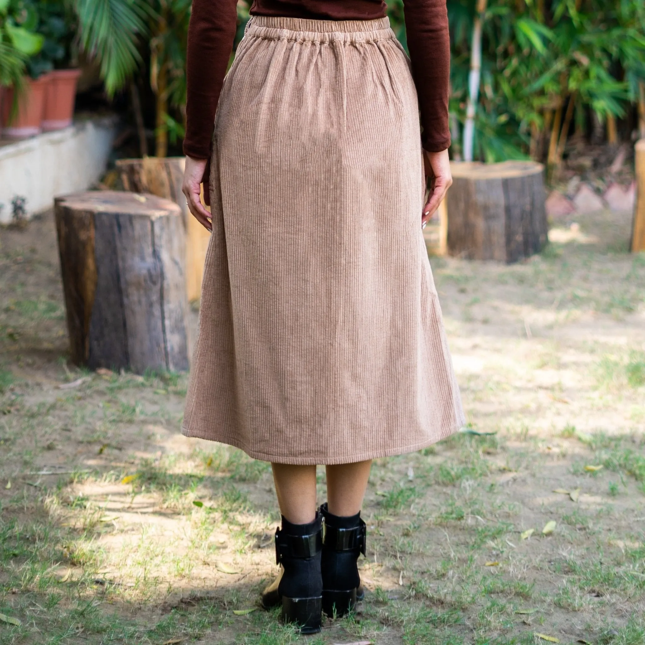 Beige Warm Cotton Corduroy High-Rise Midi Slit Skirt