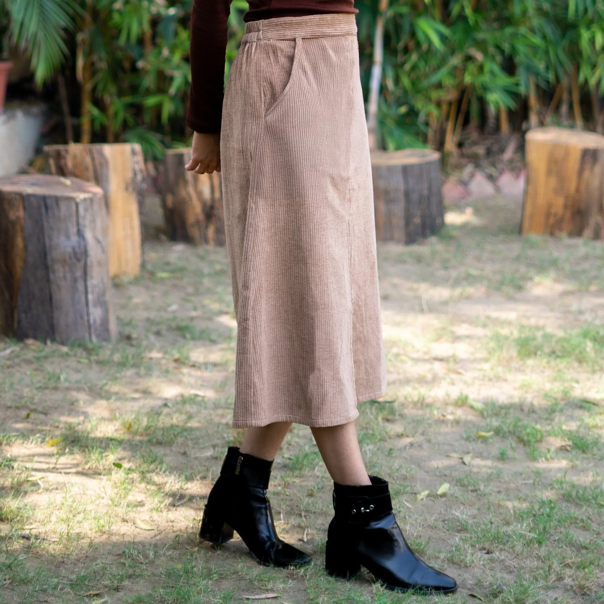 Beige Warm Cotton Corduroy High-Rise Midi Slit Skirt