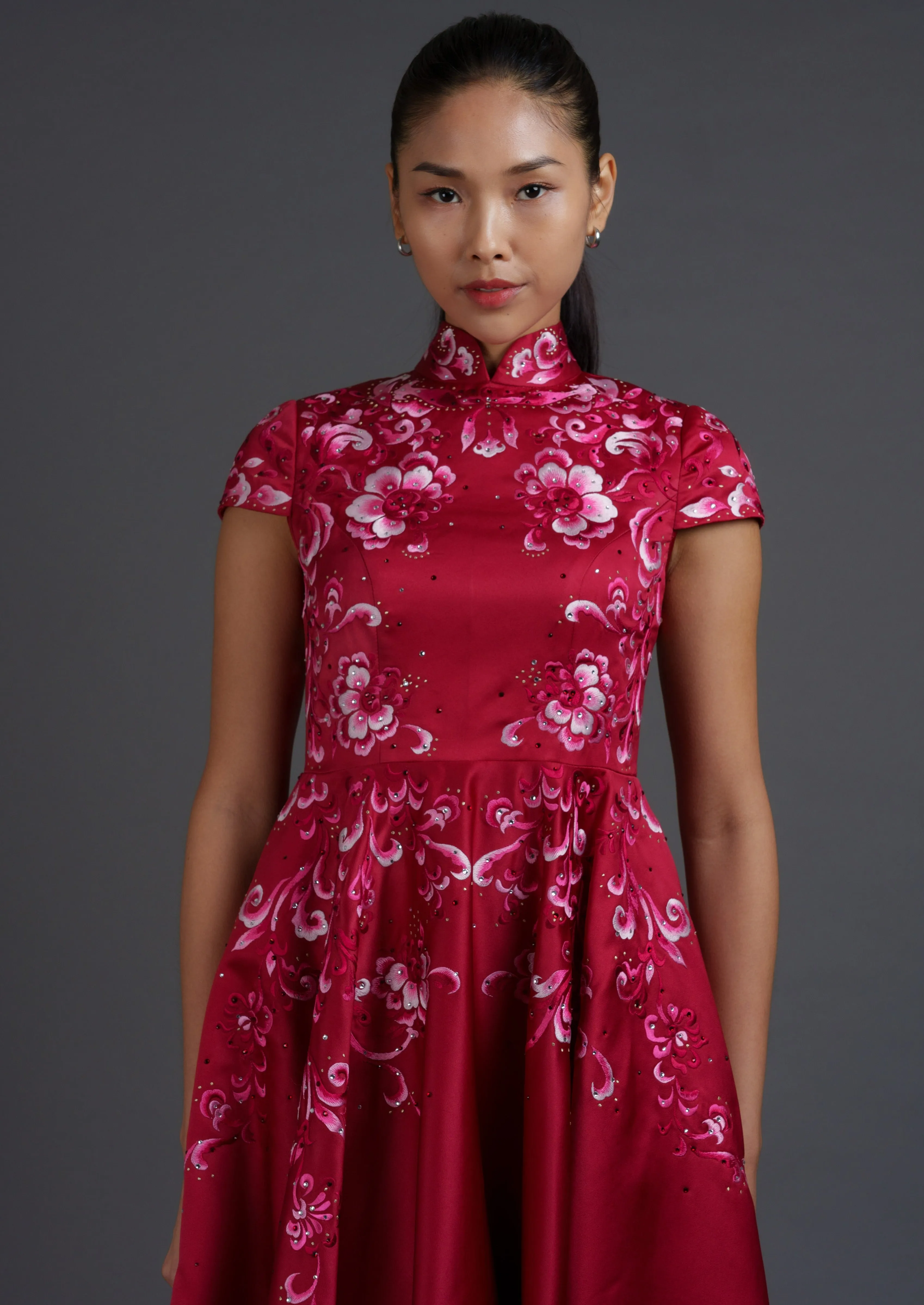 Belladonna Lily Cap Sleeves Embroidered A Line Qipao