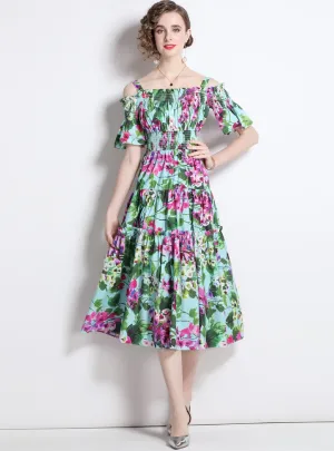 Bellflower Print Elastic Waist Sling Dress
