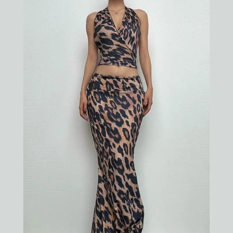 BerriesJam - Leopard Halter Ruched Backless Maxi Skirt Set