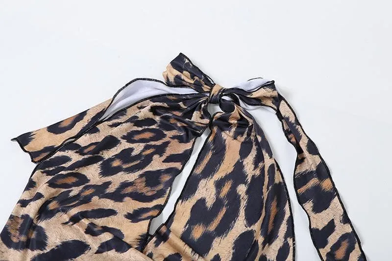 BerriesJam - Leopard Halter Ruched Backless Maxi Skirt Set