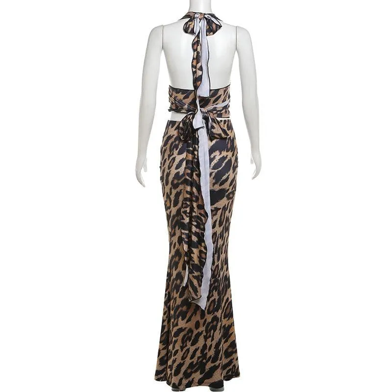 BerriesJam - Leopard Halter Ruched Backless Maxi Skirt Set