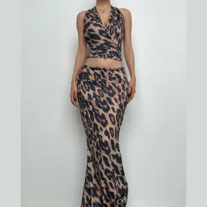 BerriesJam - Leopard Halter Ruched Backless Maxi Skirt Set