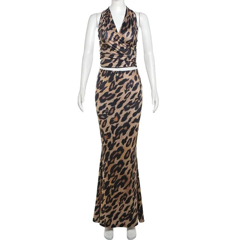 BerriesJam - Leopard Halter Ruched Backless Maxi Skirt Set