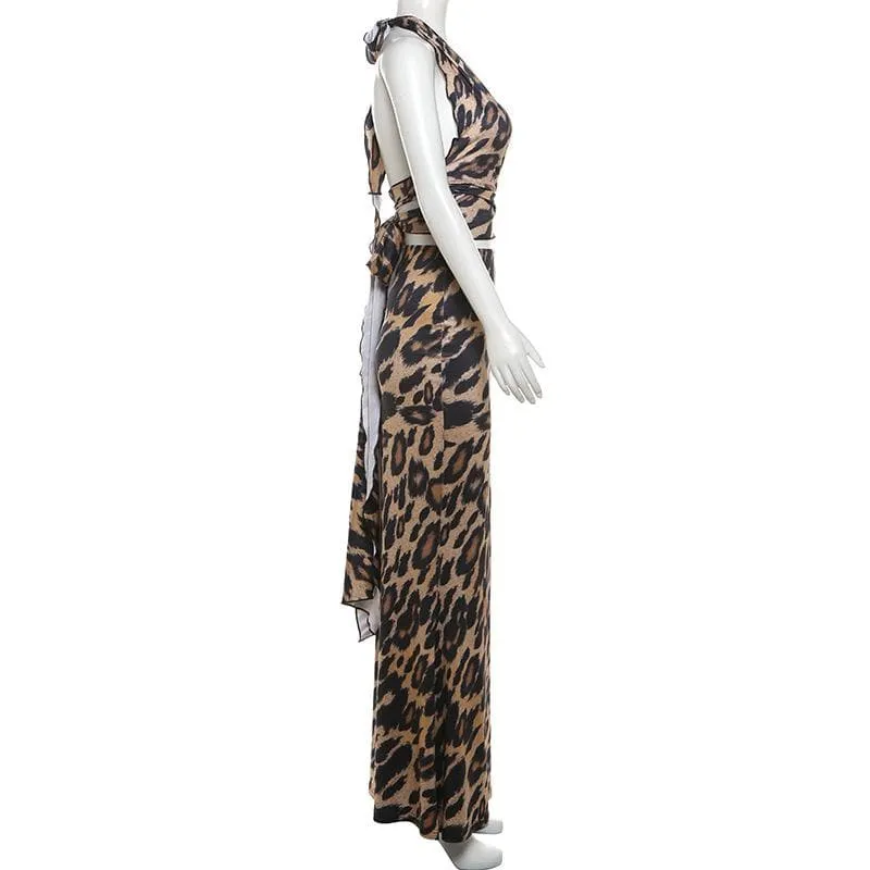 BerriesJam - Leopard Halter Ruched Backless Maxi Skirt Set