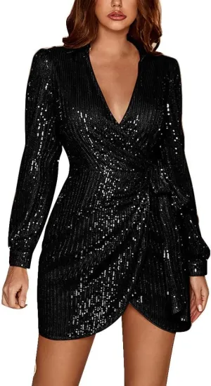 Binmer Women Sequin Dress Sparkly Glitter Long Sleeve Wrap V Neck Bodycon Mini Split Dress Evening Party Club Dress with Belt