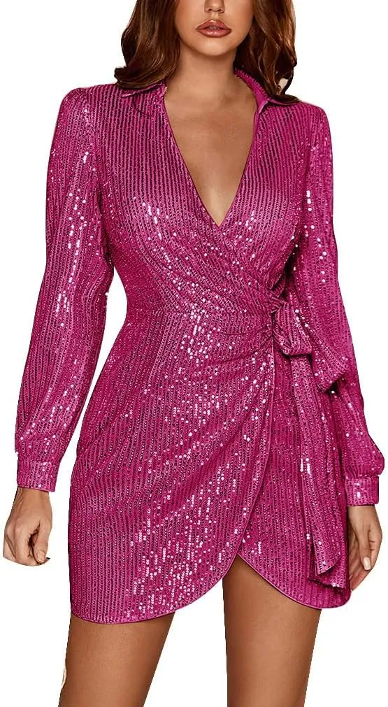 Binmer Women Sequin Dress Sparkly Glitter Long Sleeve Wrap V Neck Bodycon Mini Split Dress Evening Party Club Dress with Belt