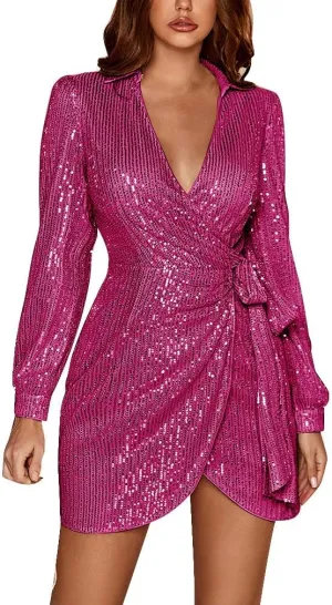 Binmer Women Sequin Dress Sparkly Glitter Long Sleeve Wrap V Neck Bodycon Mini Split Dress Evening Party Club Dress with Belt
