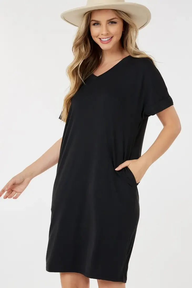 Black Brushed Rolled Short Sleeve V Neck Women's Dress