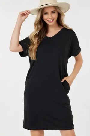 Black Brushed Rolled Short Sleeve V Neck Women's Dress