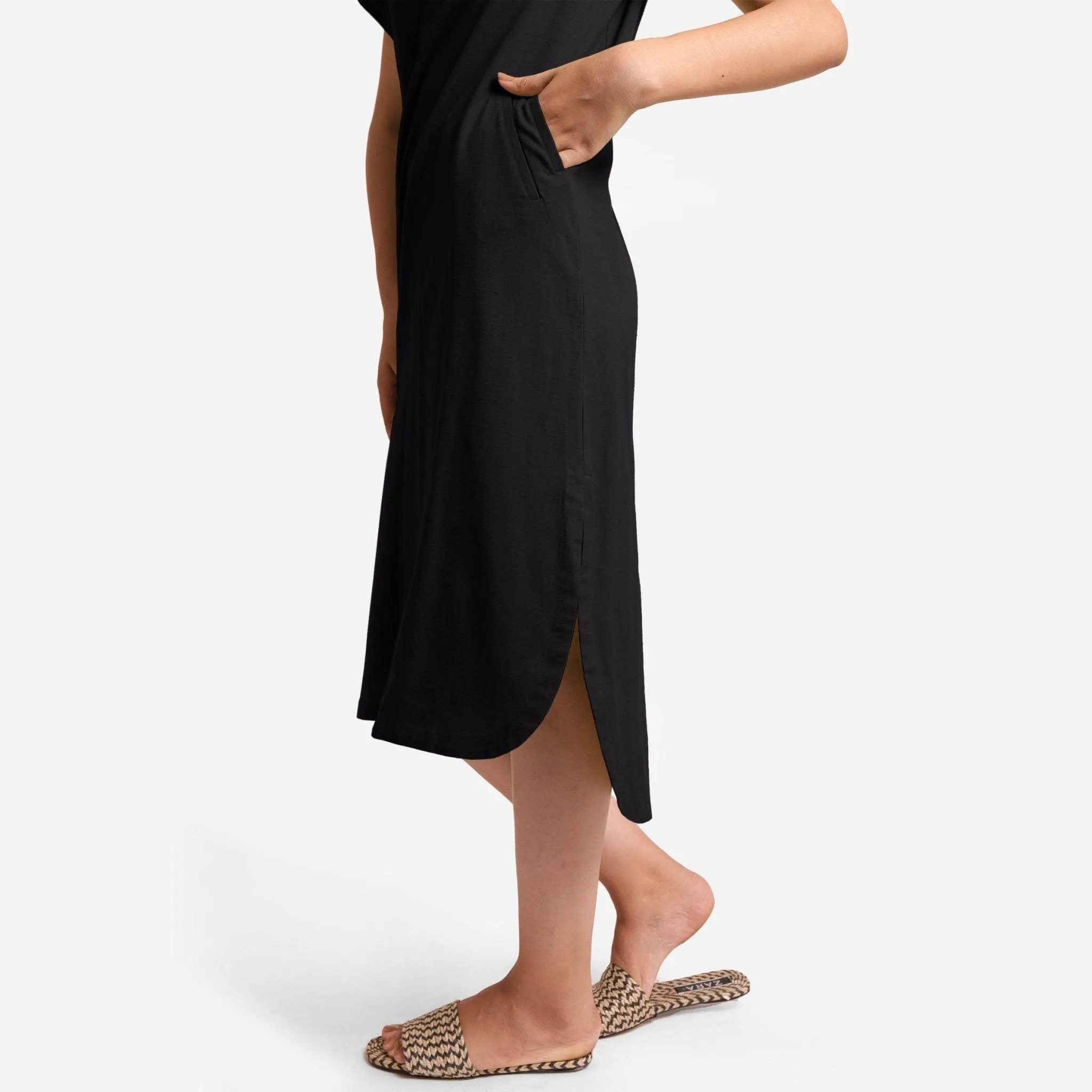 Black Cotton Flax High-Low Midi Shift Dress
