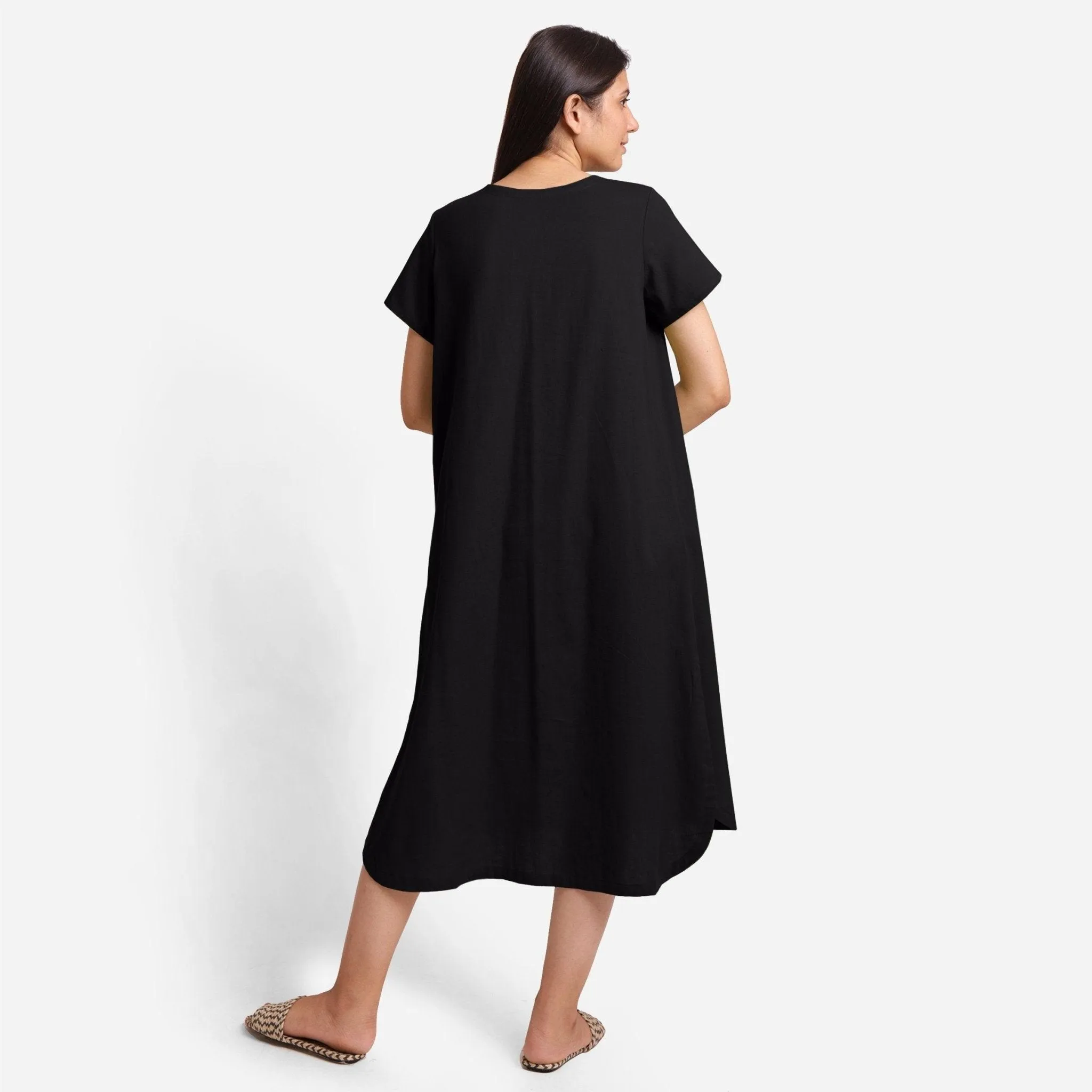 Black Cotton Flax High-Low Midi Shift Dress