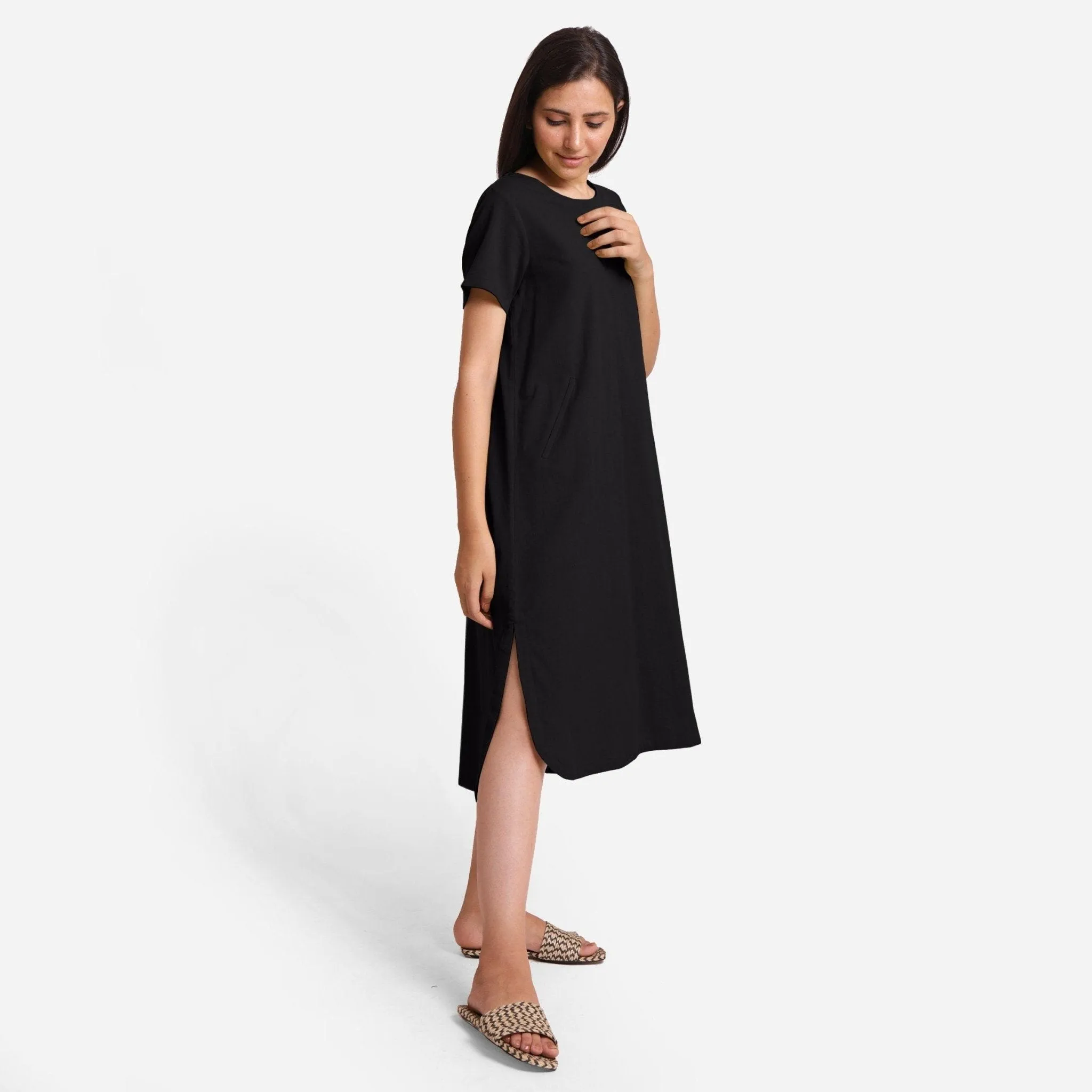 Black Cotton Flax High-Low Midi Shift Dress