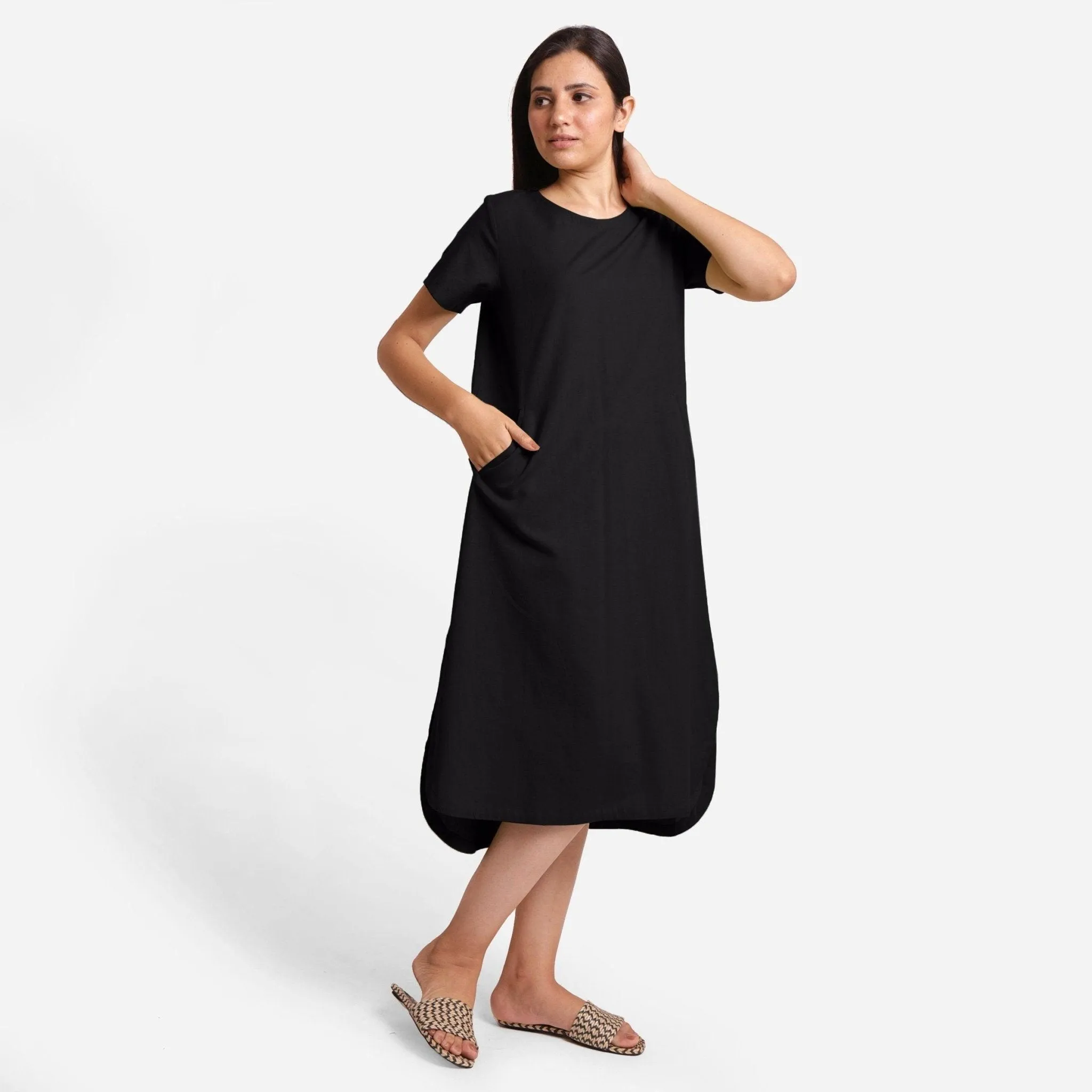 Black Cotton Flax High-Low Midi Shift Dress