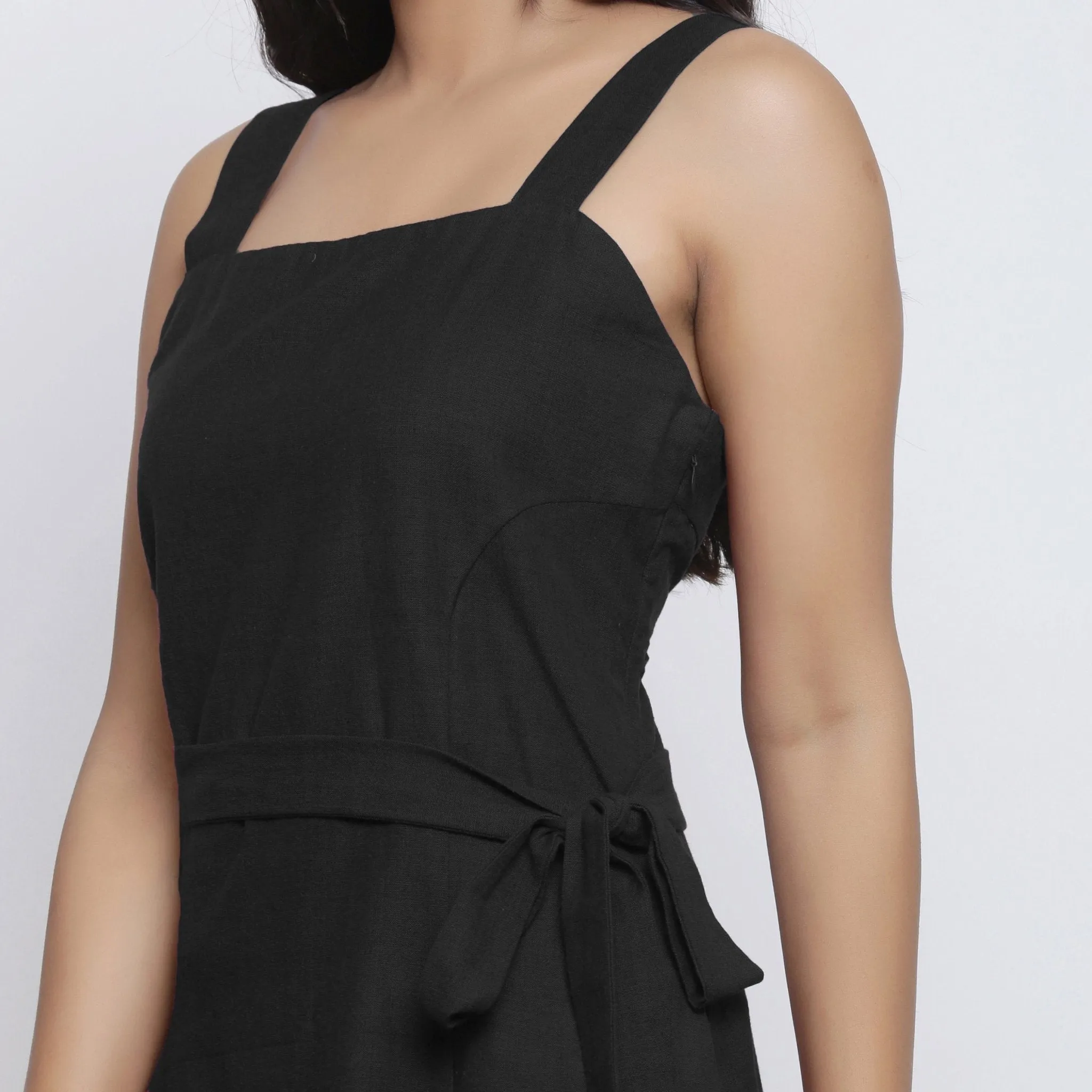Black Cotton Flax Knee Length Princess Line Dress
