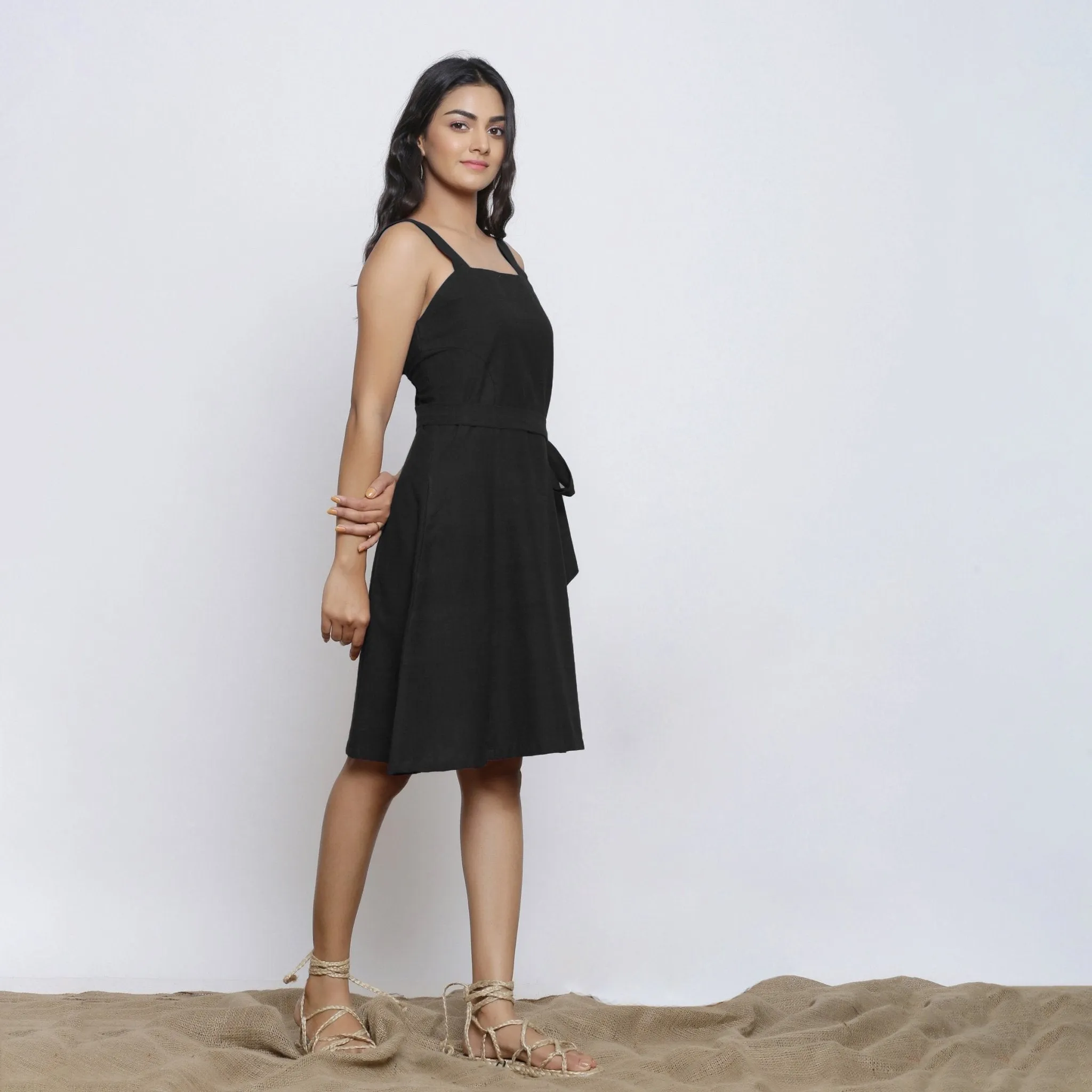 Black Cotton Flax Knee Length Princess Line Dress