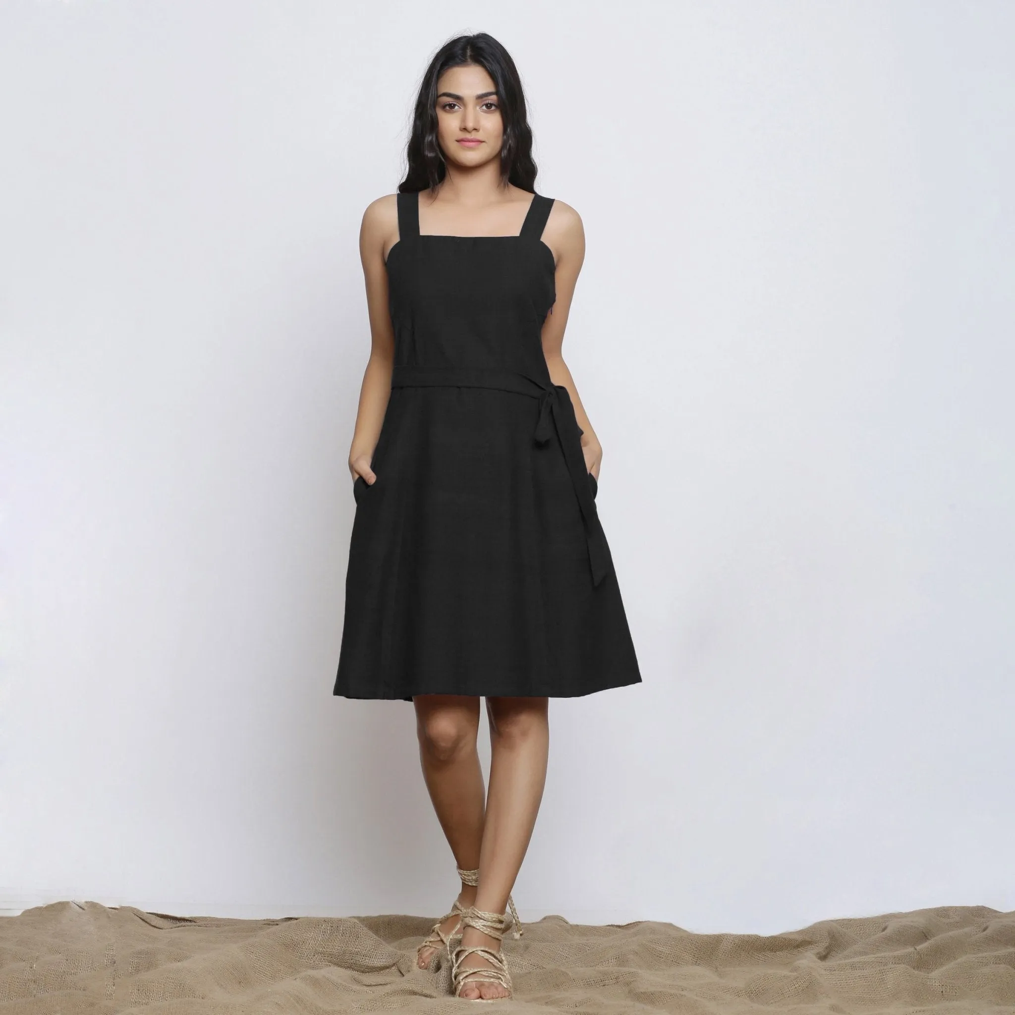 Black Cotton Flax Knee Length Princess Line Dress