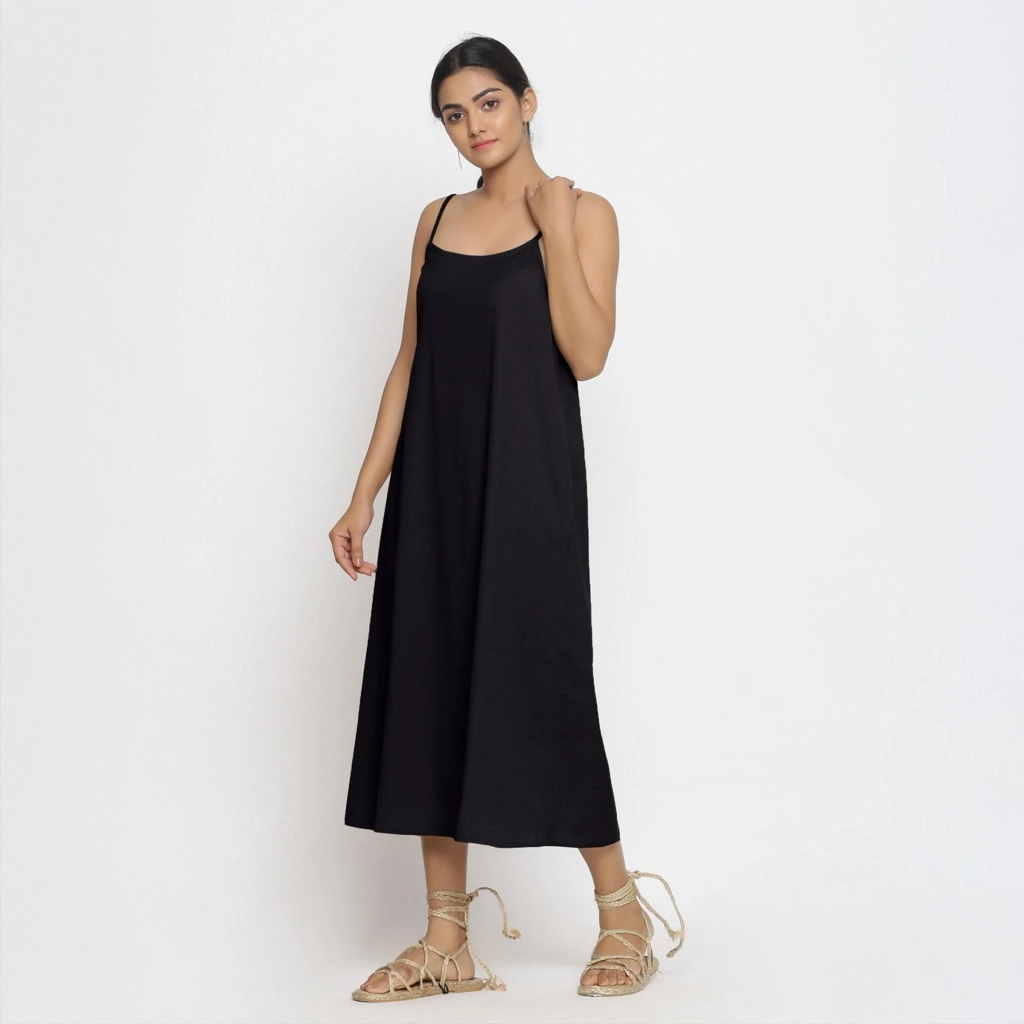 Black Cotton Flax Strappy A-Line Midi Dress
