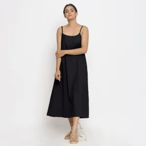 Black Cotton Flax Strappy A-Line Midi Dress