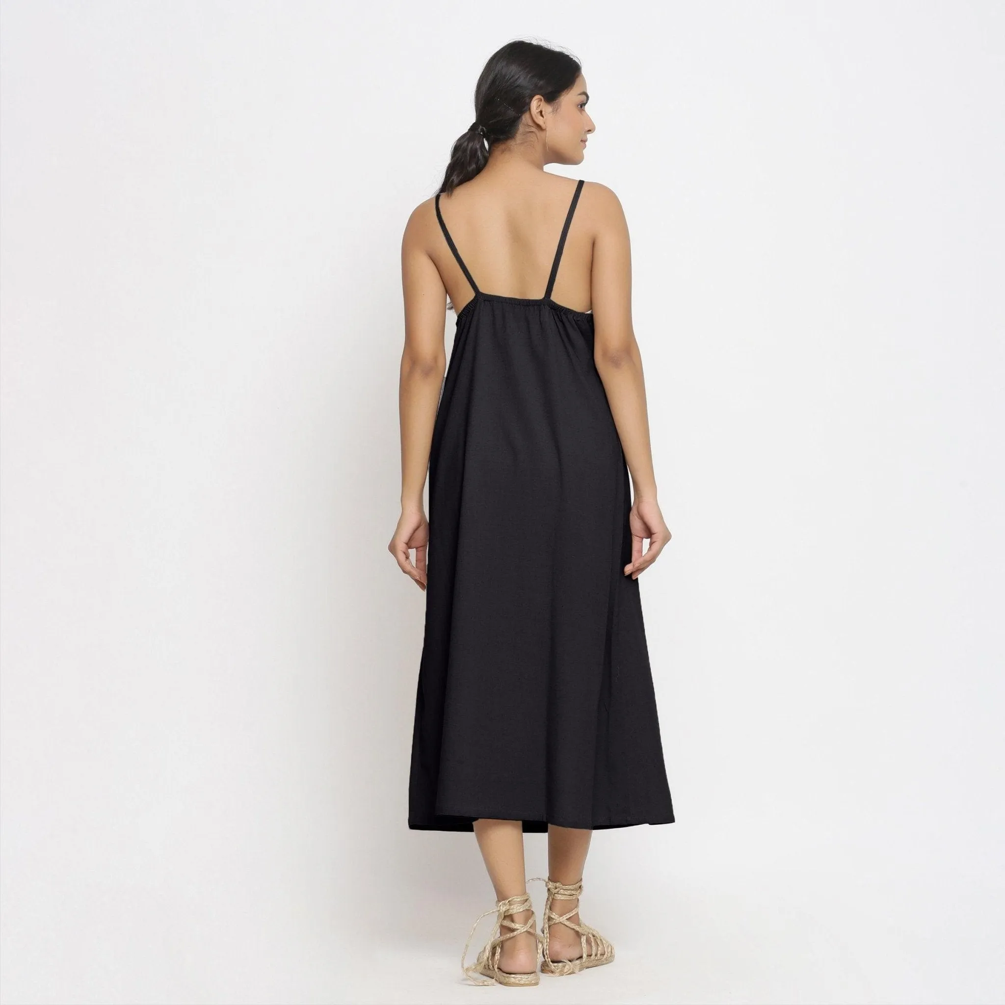 Black Cotton Flax Strappy A-Line Midi Dress