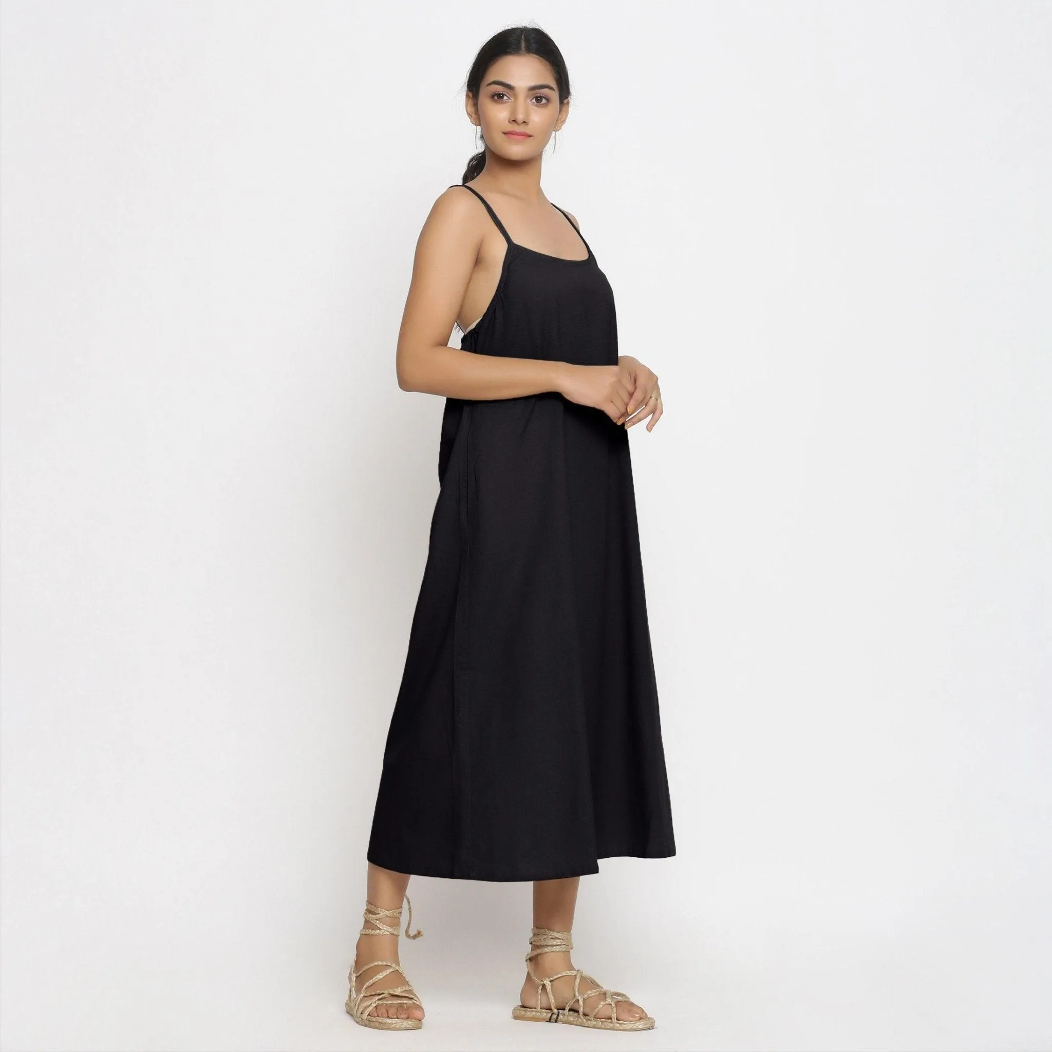 Black Cotton Flax Strappy A-Line Midi Dress